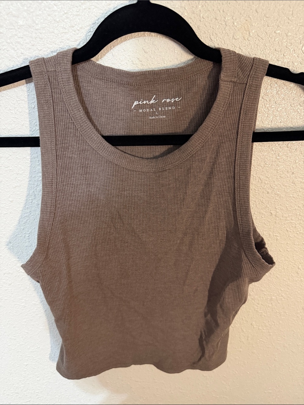 Pink Rose Ribbed Cropped Tank Top in Taupe Brown